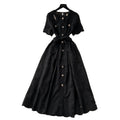 Summer frenchretroheavy industrycut outembroiderround neck waist short sleeve dress women's slimming look single breasted long skirt