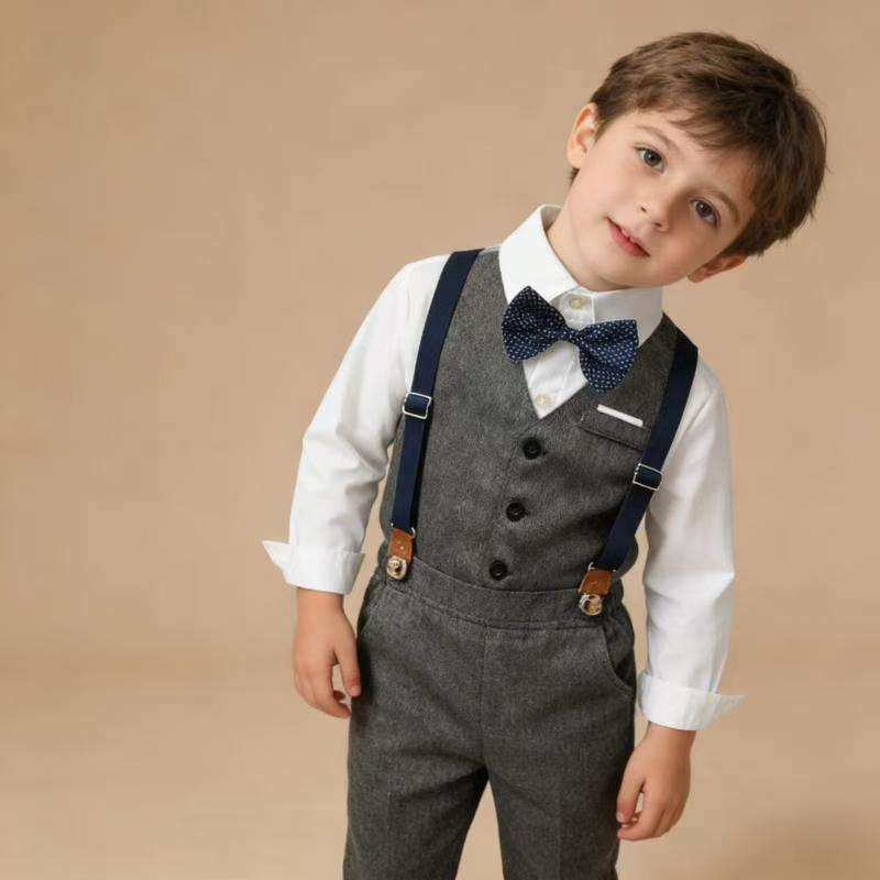 Kids' vest three-piece set: first birthday outfit with bow tie, long-sleeve shirt, and british style gentleman's dress for baby boys - autumn trend