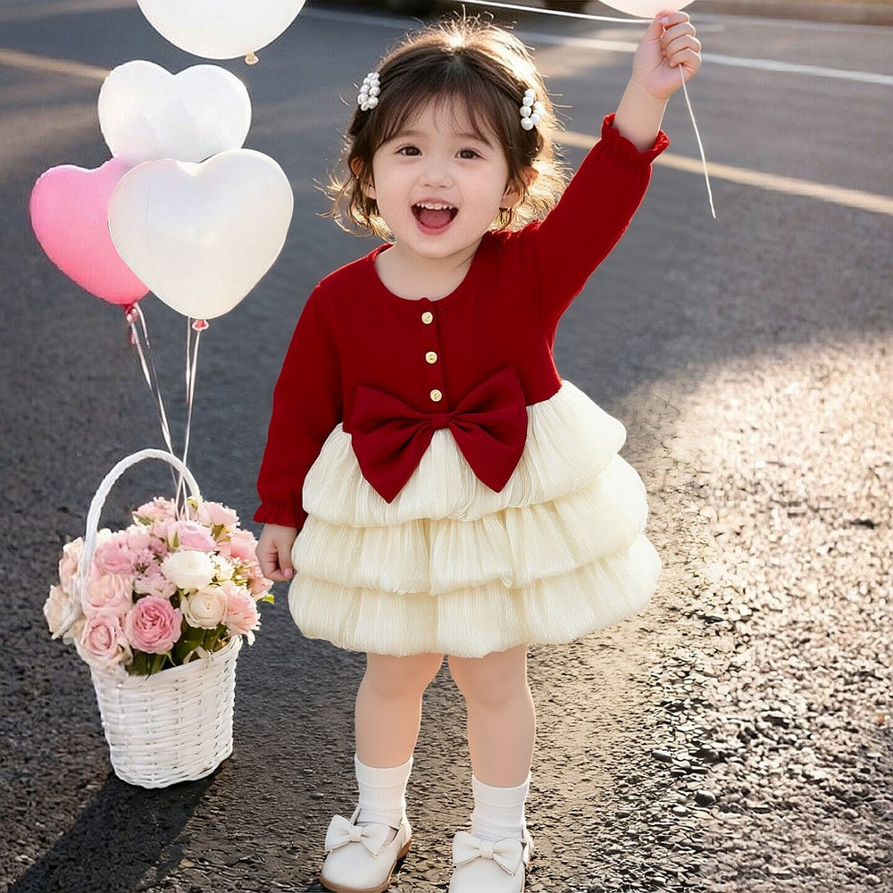 spring/autumn new girls' dress - sweet, long-sleeved princess dress with large bow for kids and babies