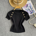 Fashion hot girl knitting round neck t-shirt women's summer thin shortslimming looksense of designeasiest for match fried street pure desiretops