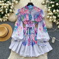 spring export fashion elegancerufflestie back waist printinglong sleeves a-line dress palace style skirt