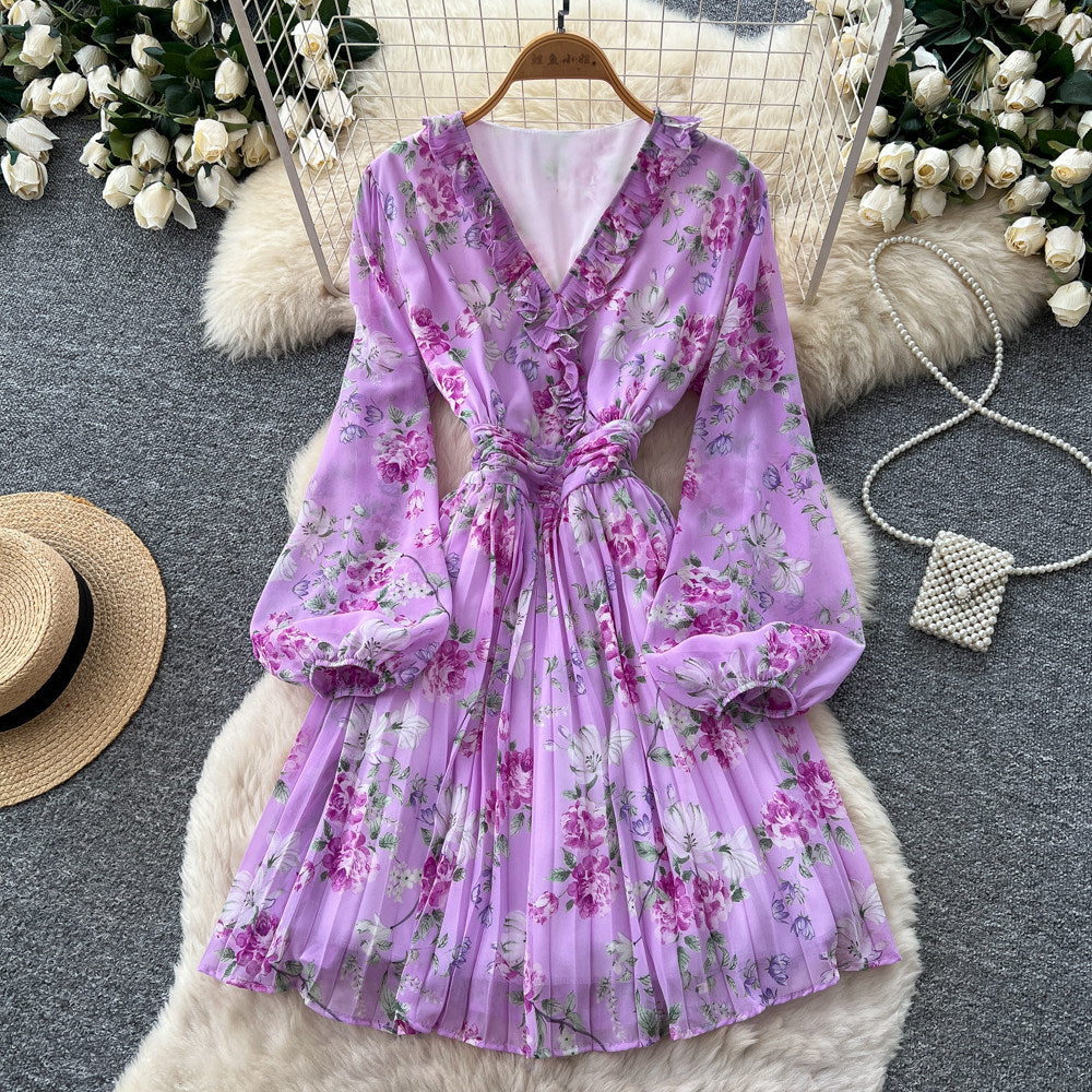French floral print dress for women, spring  collection: long sleeve, v-neck, tie-waist, a-line silhouette – slimming, elegant, and chic