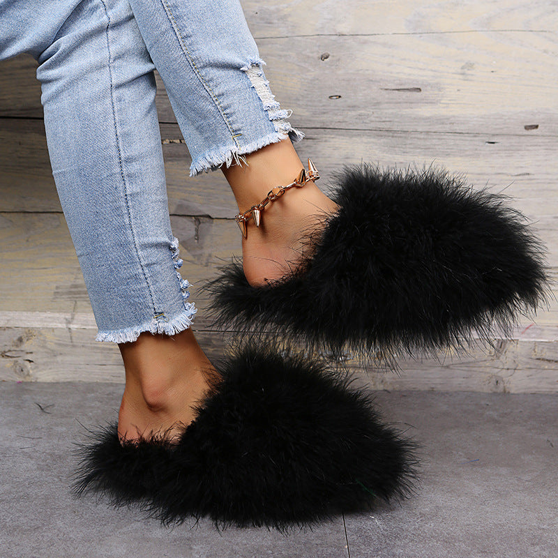 plus size indoor and outdoor fur slippers for women 2024 internet celebrity real fur toe cap for home office stuffed slippers for women