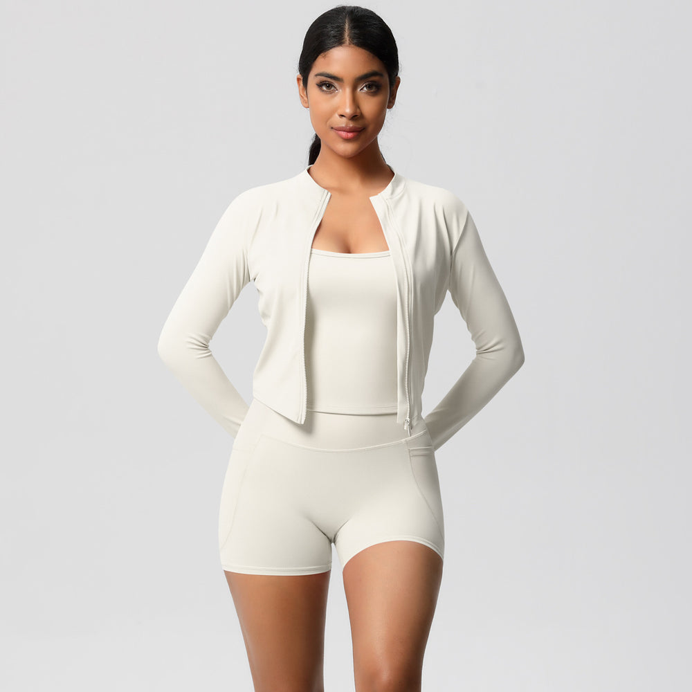 Cloud-feel outdoor leisure sports three-piece set: high-waisted, tight-fitting, pocketed, quick-dry yoga, pilates, running, and fitness apparel