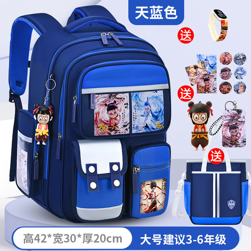 New nezha backpack for elementary school students, grades 1-6, lightweight, spine-protecting, load-reducing, large capacity for boys and girls