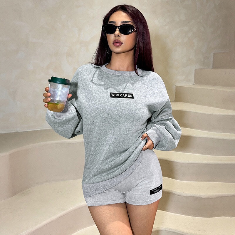 European and american cross-border women's fashion:  early summer new arrival - solid color long sleeve crew neck loose top and bodycon shorts two-piece set