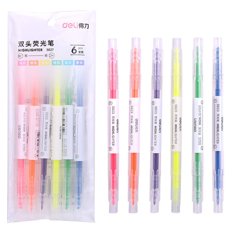 Deli Double Head Highlighter S627 Student Marker Pen 6-Color Marker Color Marker Weight Writing Pen Stationery