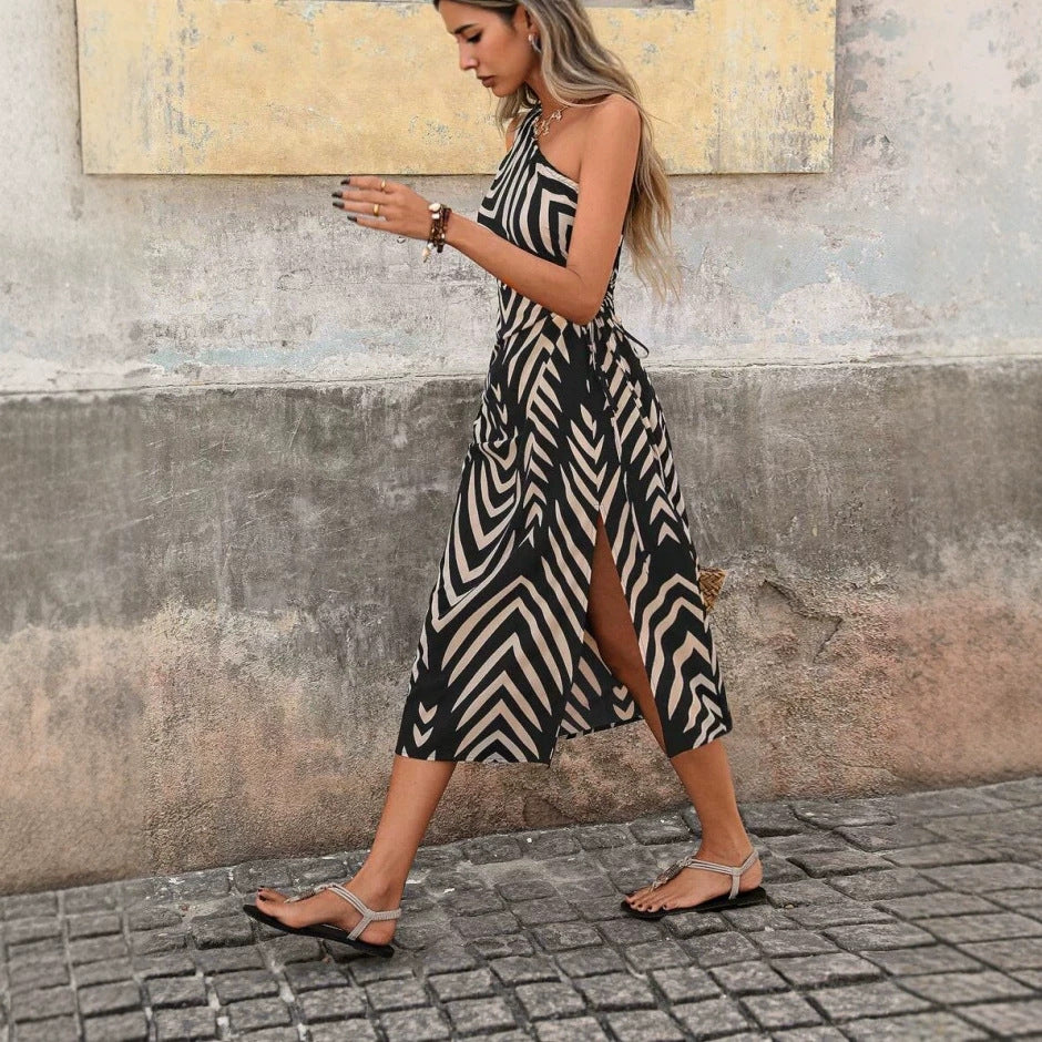 Summer women's one-shoulder waist cutout knot detail high slit geometric print dress