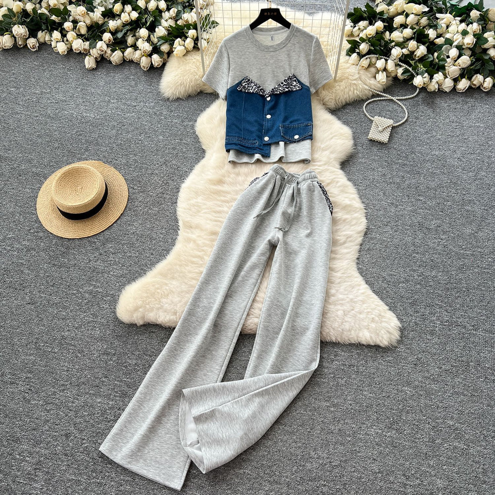 Casual outfit set for women: summer designer denim patchwork short-sleeve top and high-waisted wide-leg straight pants set
