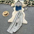 Casual outfit set for women: summer designer denim patchwork short-sleeve top and high-waisted wide-leg straight pants set