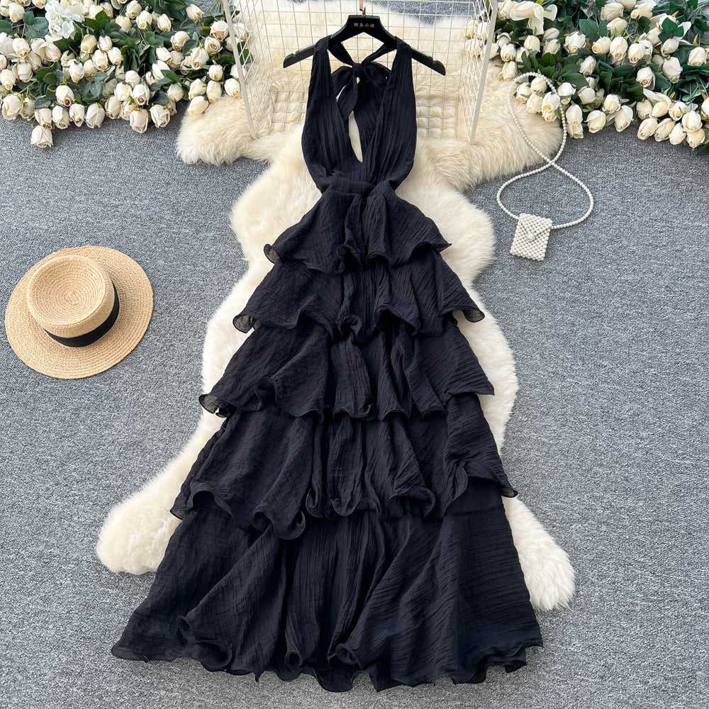 Frenchelegant atmosphere deep v neckhalter strap backlessdress women's waist slimming lookruffles suspender skirt