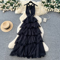 Frenchelegant atmosphere deep v neckhalter strap backlessdress women's waist slimming lookruffles suspender skirt