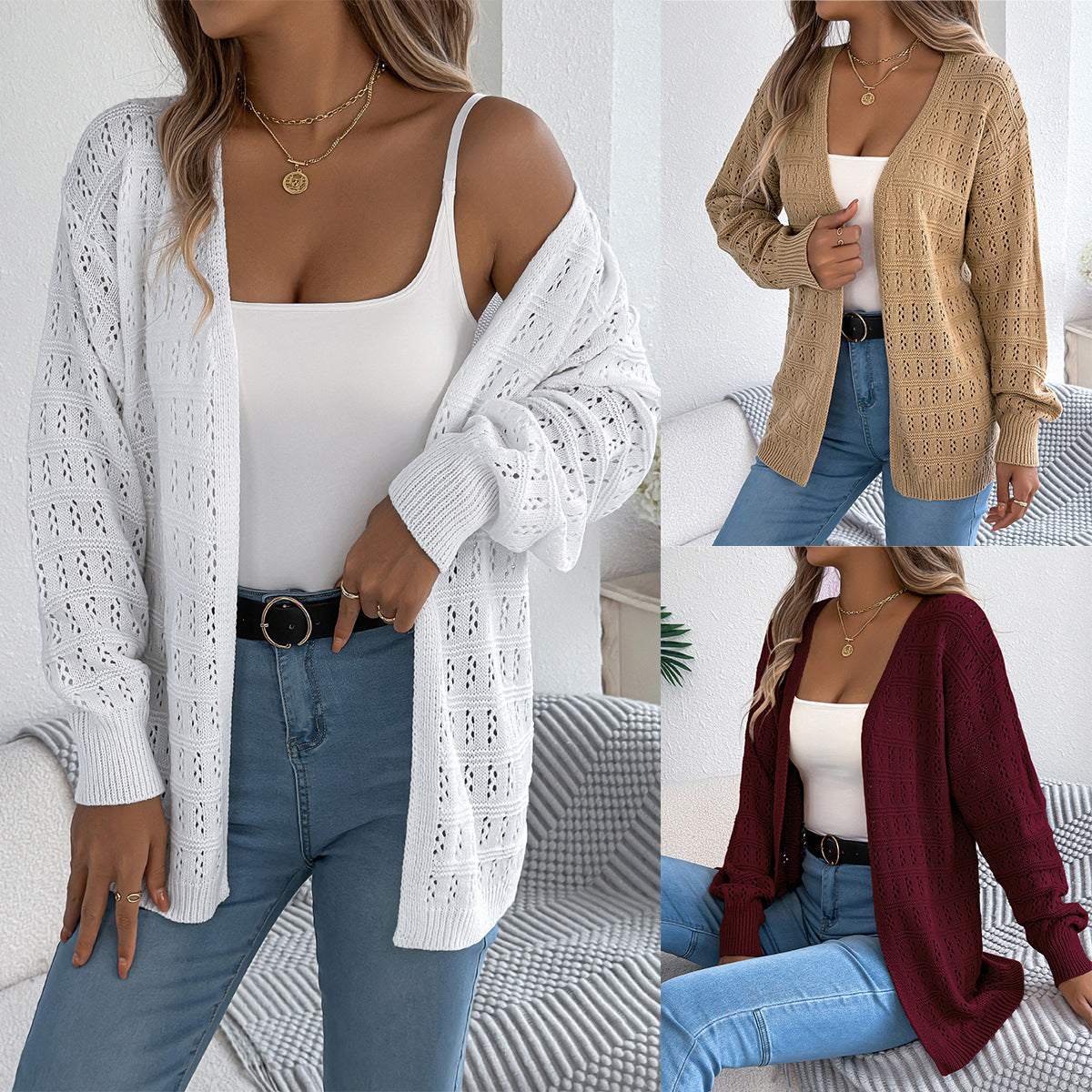 Europe, America, autumn and winter solid color hollow lantern long-sleeved cardigan sweater medium and long coat, independent station  women's clothing