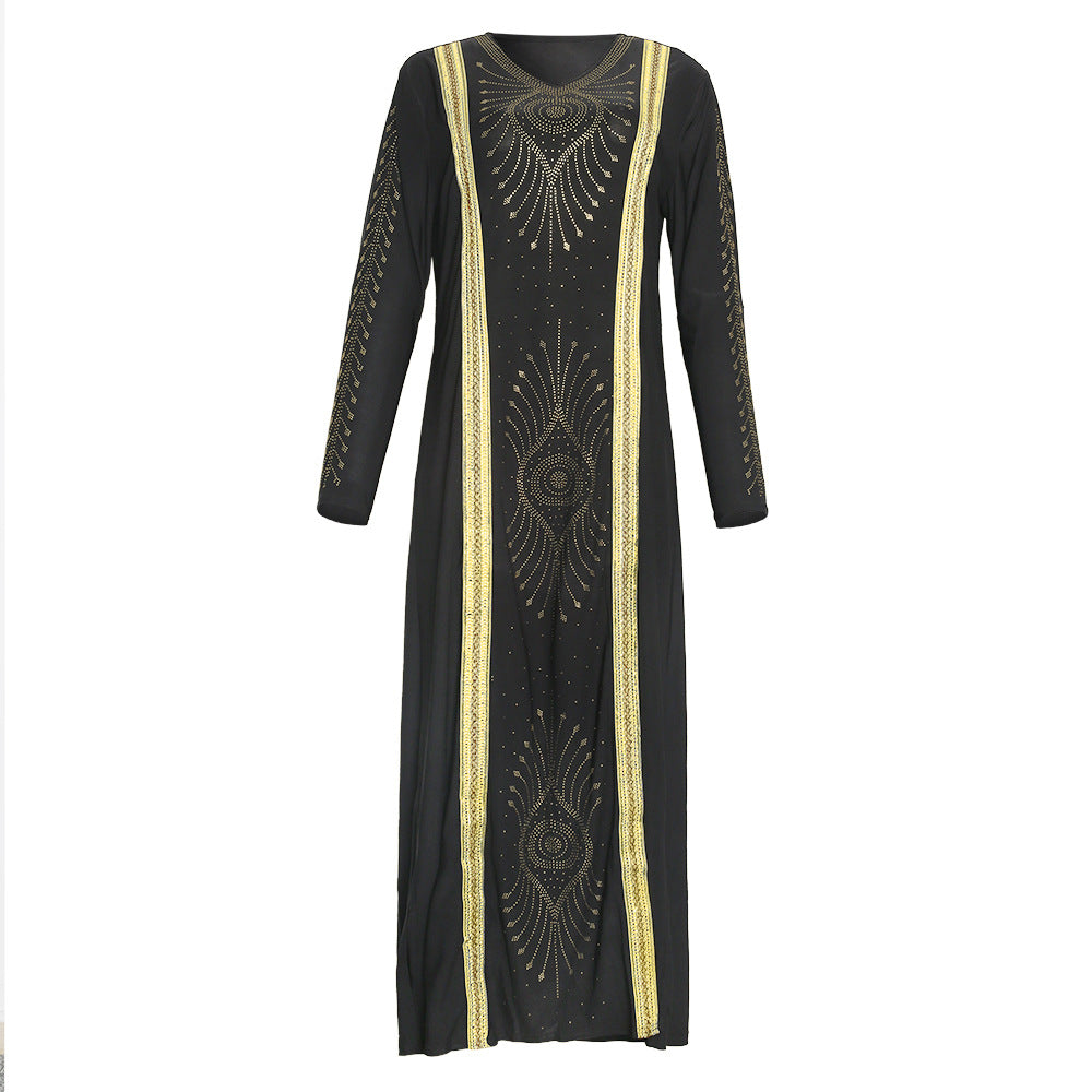 African  spring women's clothing   gold embroidery hotfix rhinestone beaded v-neck dress