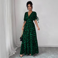 cross-border fashion summer printed v-neck fitted midi dress