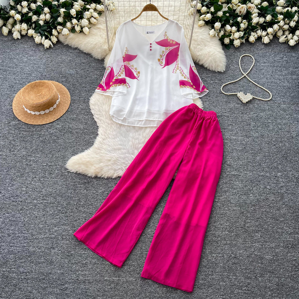 Commuting style casualprintingv necktopshigh waistloose pants women's summerslimming looktwo-piece setdrapedfashionsuit