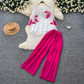 Commuting style casualprintingv necktopshigh waistloose pants women's summerslimming looktwo-piece setdrapedfashionsuit