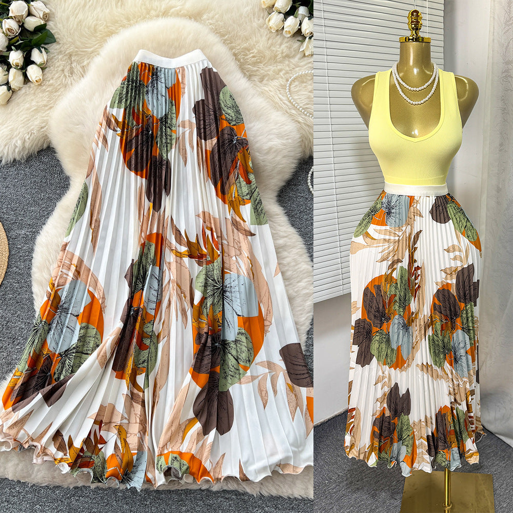 Vintage print pleated elastic waist fashion skirt - women's high-waisted a-line skirt - commute-friendly, flowy maxi skirt for summer