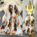 Vintage print pleated elastic waist fashion skirt - women's high-waisted a-line skirt - commute-friendly, flowy maxi skirt for summer