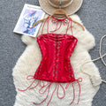 European and american pure lust style sling tube top vest women's summer strap waist pu leather retro fried street hot girl tops trendy