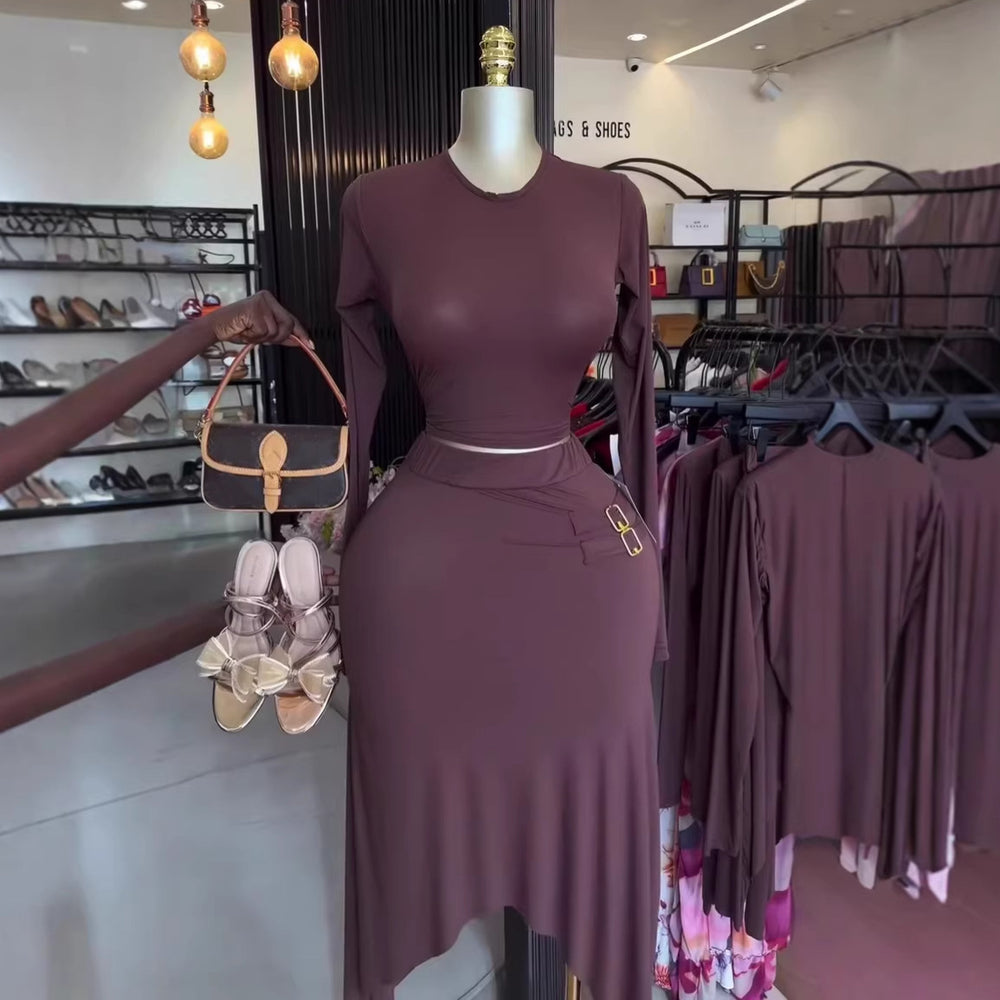 European and american cross-border women's fashion  summer new arrival: elegant round neck short sleeve top and asymmetrical midi skirt set