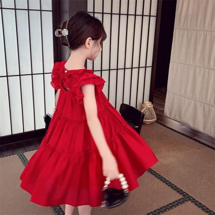 Girls' summer dresses  new style: chic kids' ruffle sleeve princess dress, solid color casual dress for little girls