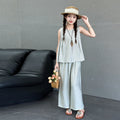 Girls' summer outfit: new  chinese style sleeveless top and wide-leg pants set - trendy two-piece casual set
