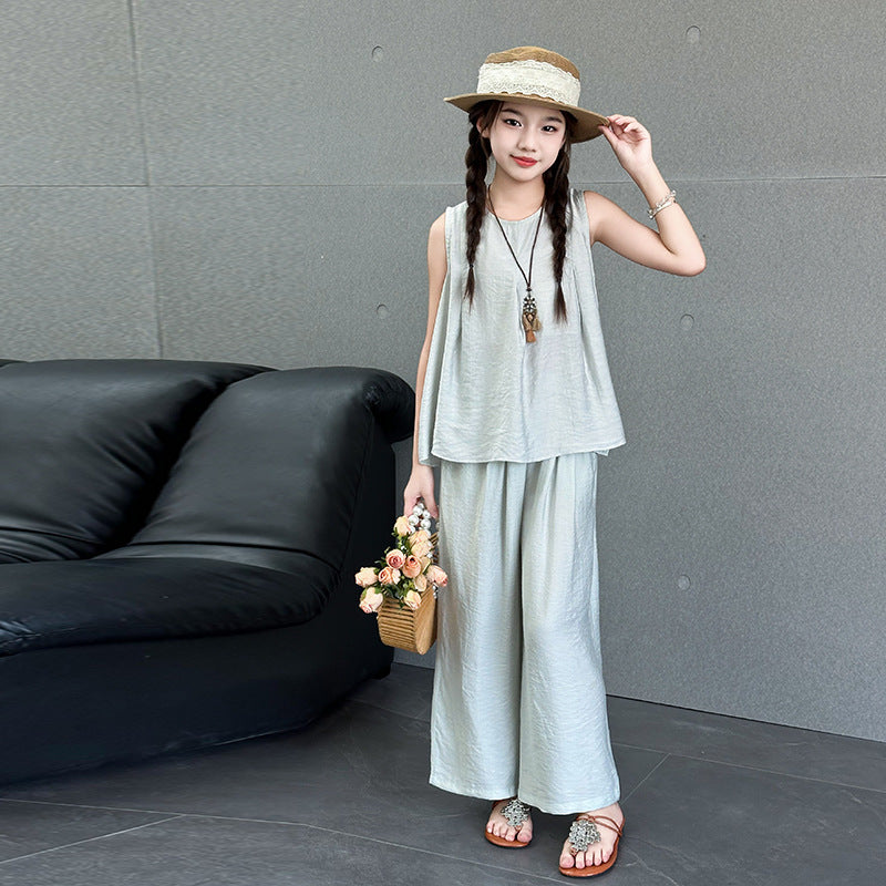 Girls' summer outfit : trendy and stylish kids' tank top and loose-fit casual pants set - sleeveless summer wear for older girls
