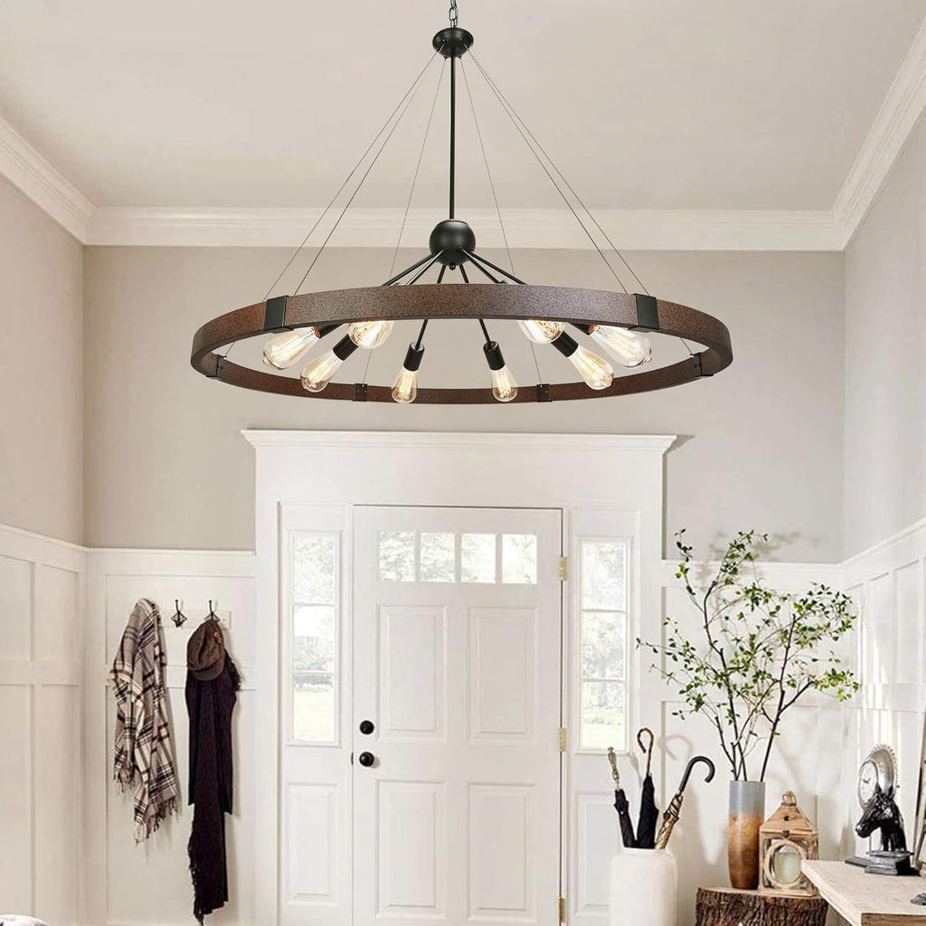 Cross-border retro industrial wind chandelier American wrought iron solid wood grain chandelier suitable for cafes, restaurants and bars