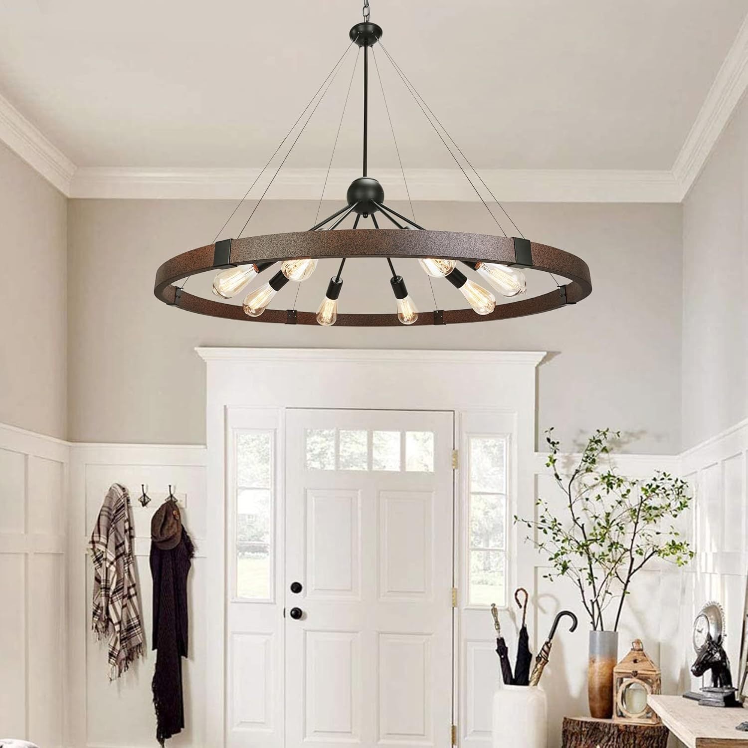 Cross-border retro industrial wind chandelier American wrought iron solid wood grain chandelier suitable for cafes, restaurants and bars