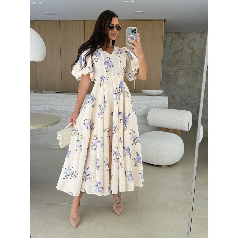 Ebay  fashionnew arrival short-sleeved printing strap large swing dress