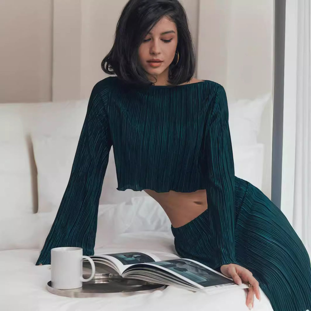 cross-border  fashion: european & american casual short flared sleeve top & exquisite pleated maxi skirt set