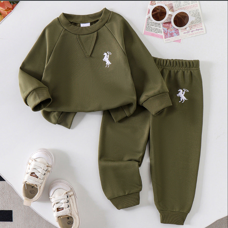 Amazon cross-border european and american girls' outfit: solid color knitted ribbed long-sleeve sweatshirt and sweatpants two-piece set for toddlers and young children
