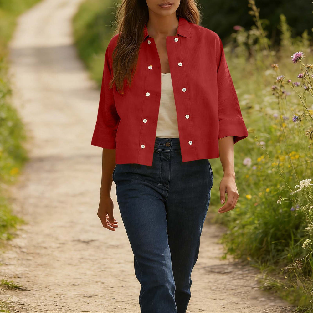 cross-border  solid color cotton linen double-breasted cropped short-sleeve cardigan shirt women's top blouse