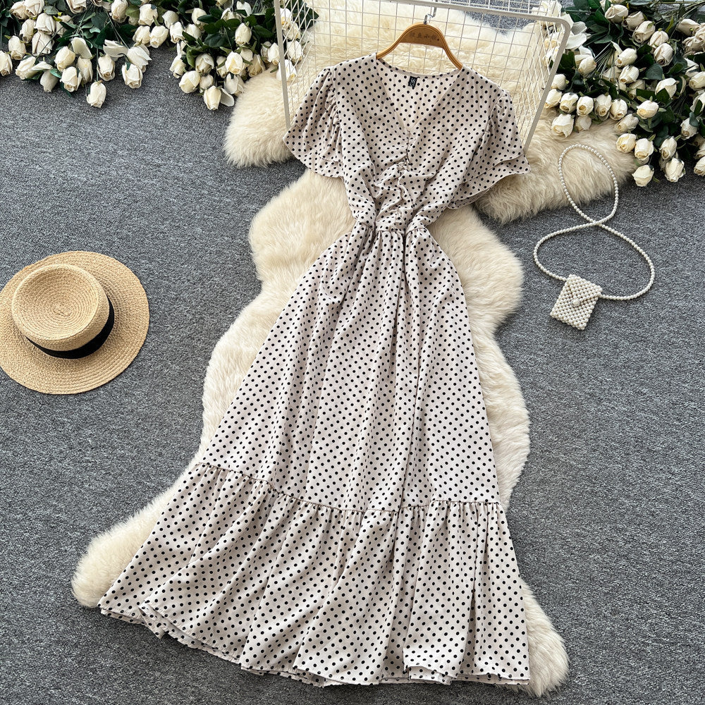 Frenchretro polka dot elegant short-sleeved dress women's summerv neck waist tie back a-line skirt slimming look elegant long skirt