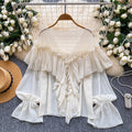 cross-border 2026 summer lazy style elegant socialite rufflespatchwork bell sleeve chiffon shirt loose shirt