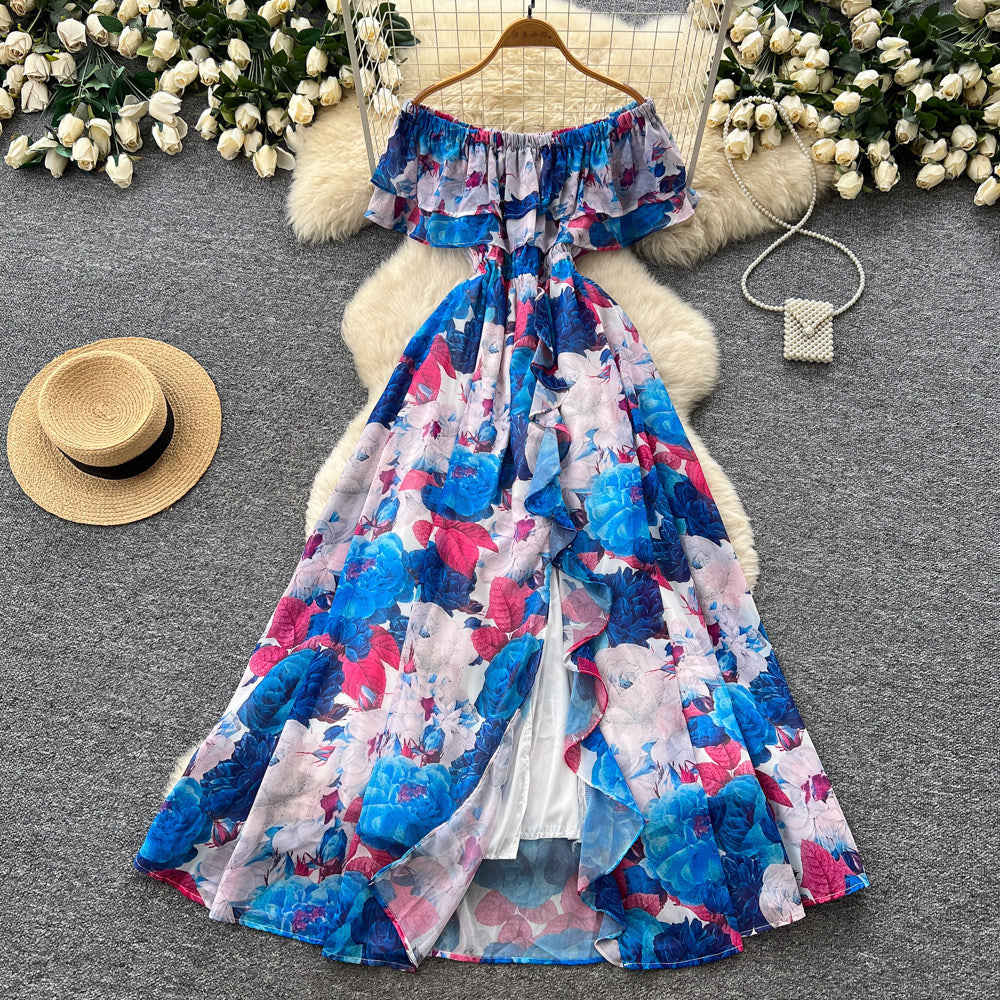 Pure desire style one shoulder ruffles floral dress women's summer sleeveless waist slimming lookelegant vacation style long dress