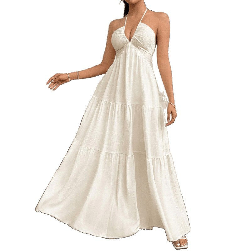 Ready-to-ship 1688 women's romantic beach vacation backless v-neck white pleated a-line dress