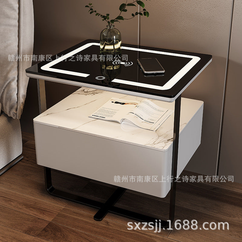 Smart white bedside table - minimalist bedroom nightstand with rock slab texture, tempered glass, solid wood, wireless charging, and storage