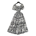 French retro square neck puff sleeve printed dress - women's  summer slimming a-line maxi dress