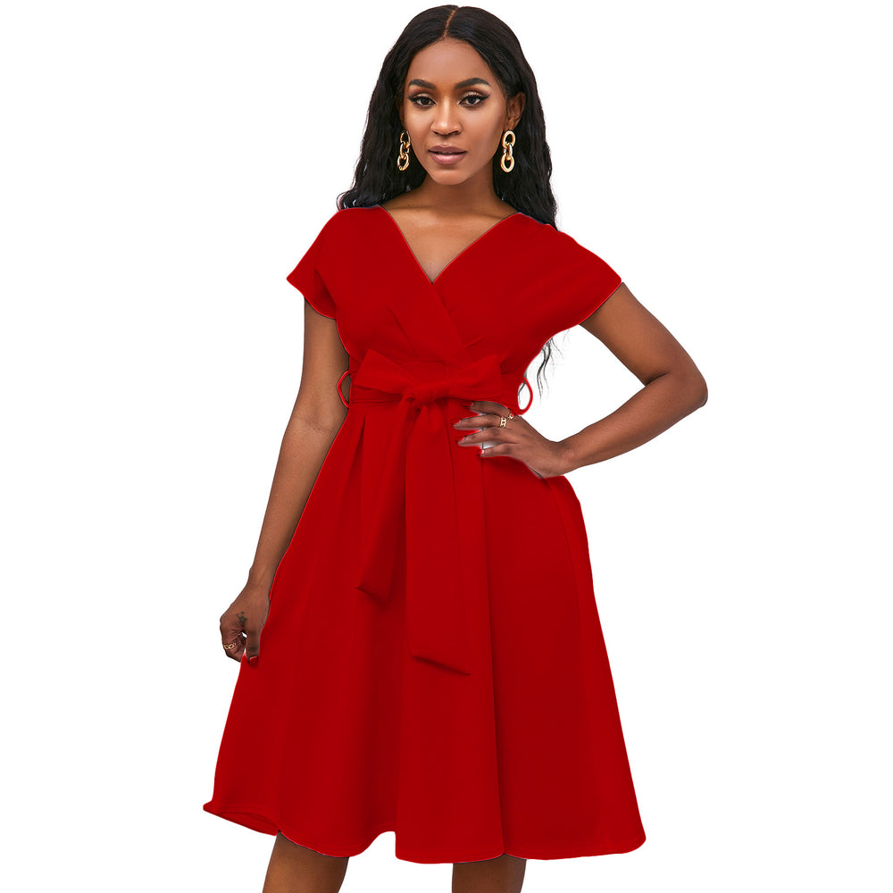 Amazon independent station summer v neckpure color waist bow tie european and american large swing dress cross-border dress