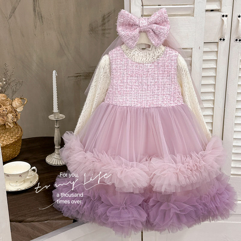 Girls' dress  autumn new collection: chanel-inspired wool blend vest dress with lace-trimmed top and mesh skirt set