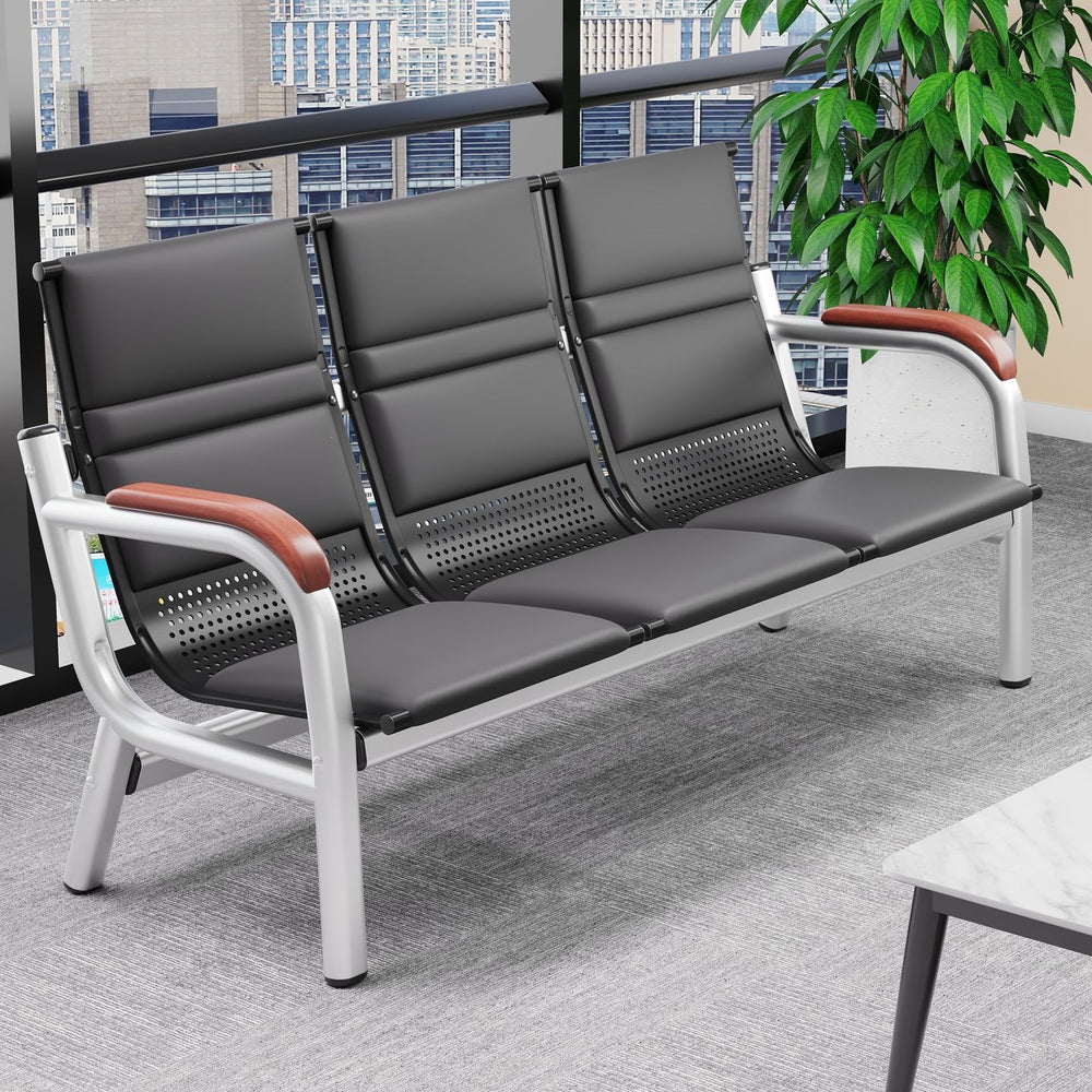 Office sofa and coffee table set - minimalist modern reception desk with iron frame, business three-seater sofa