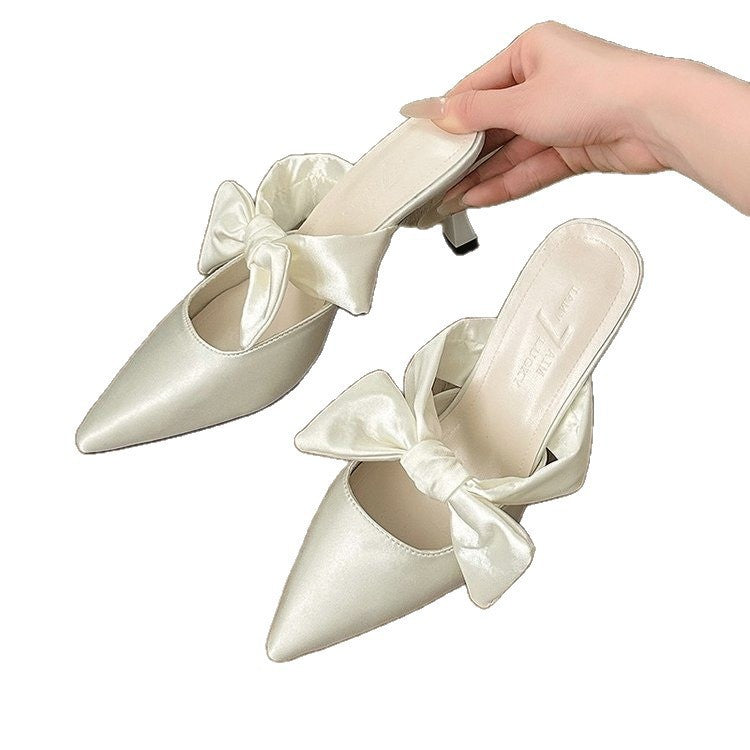 High heels for women 2025 spring and summer new arrivalfrench tweed style toe-cap half-pointed toe bowsoutwear slippers for women