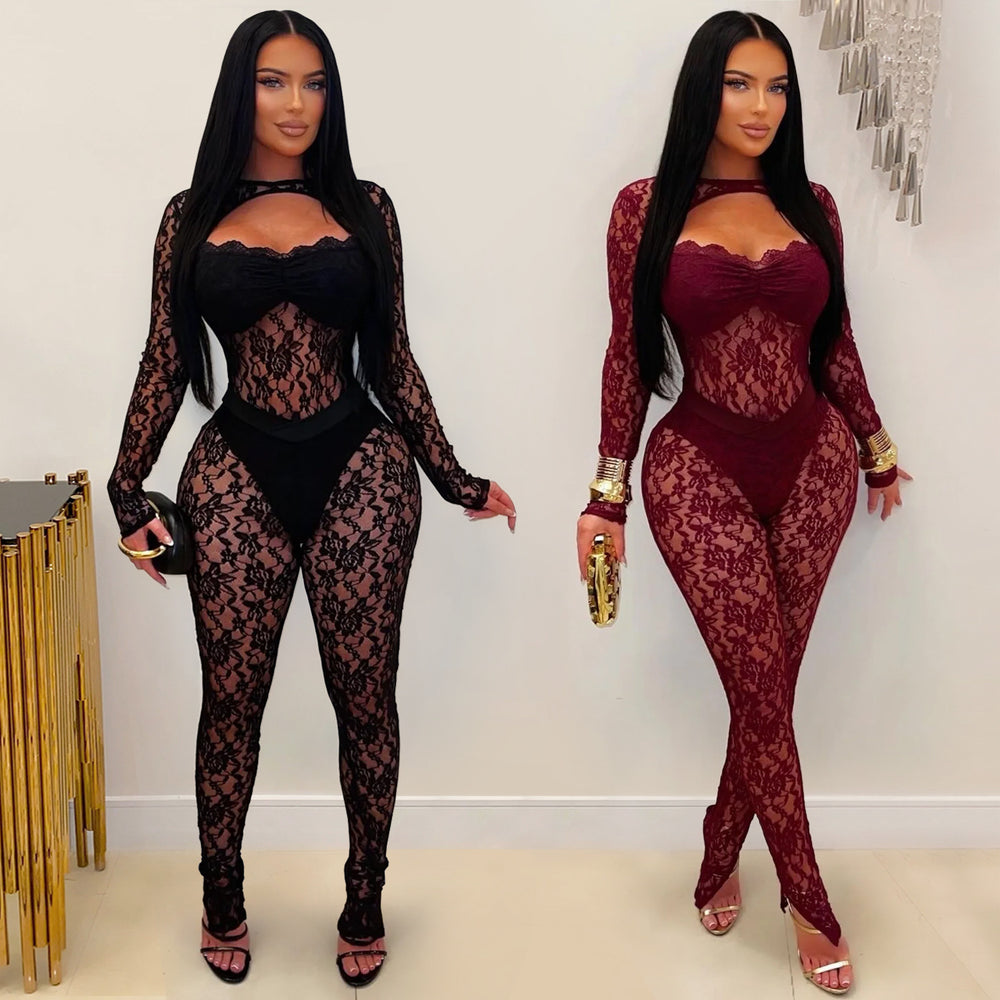 C7637 cross-border   fashion women's sexy see-through lace bodycon jumpsuit