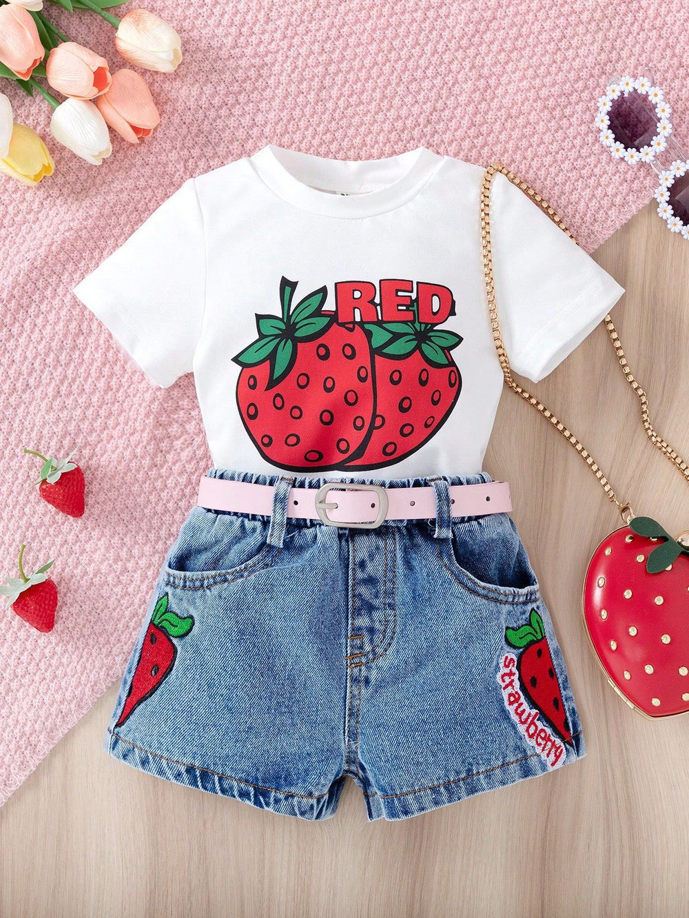 hot-selling baby & toddler cute strawberry print top + heavily embroidered denim short set for girls