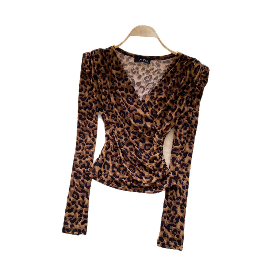 Sophisticated leopard print v-neck shirt: breathable, skin-friendly, long-sleeved top for women - perfect for summer, work, and a slimming, versatile look