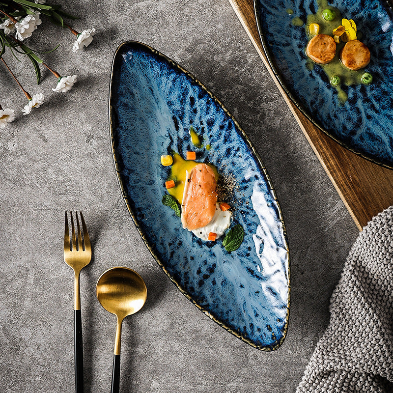 Japanese creative kiln-shaped boat-shaped sushi plate new arrival restaurant for home willow leaf-shaped stylish dessert plate wholesale