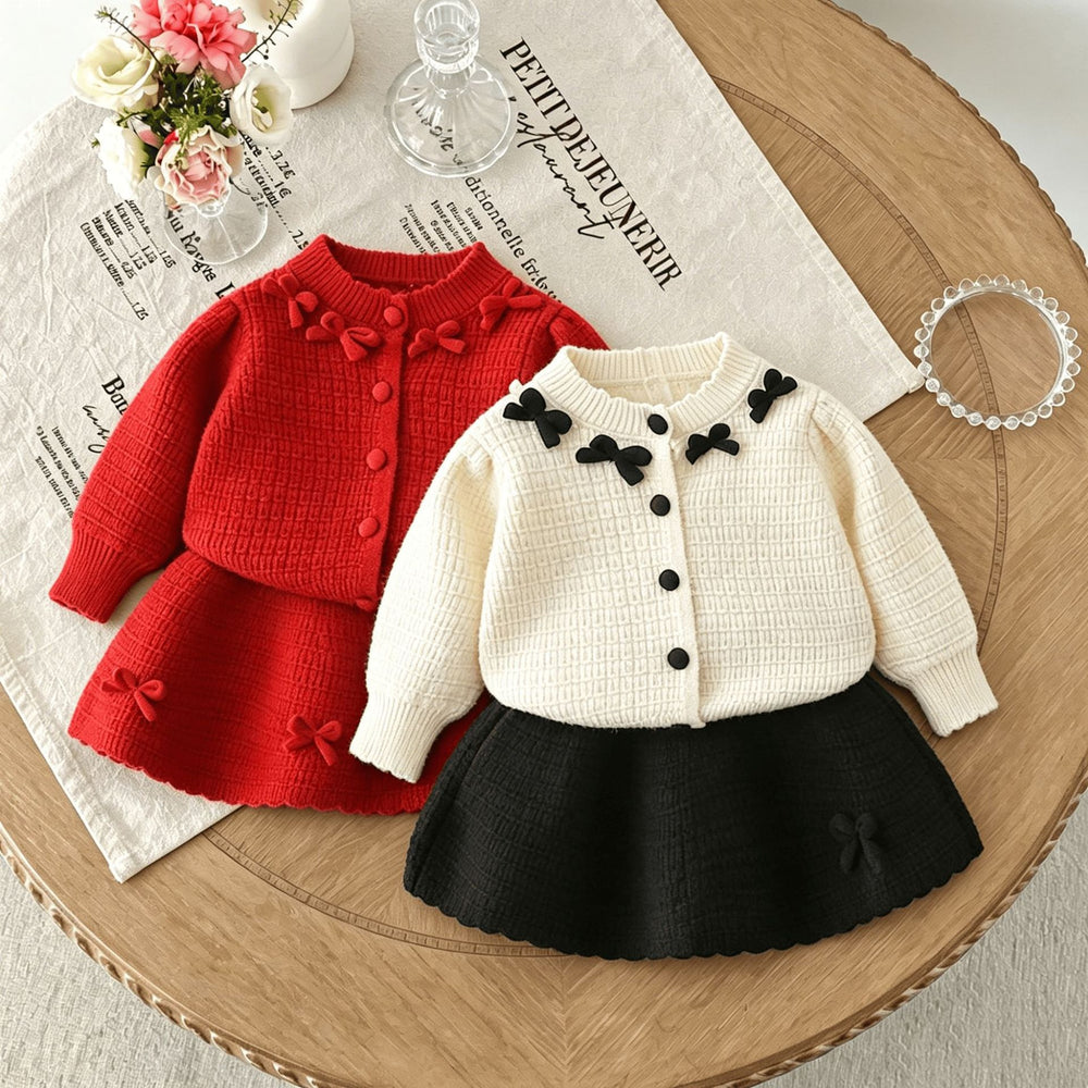 Girls' knit sweater set - new  bow accent color block cardigan top - spring/autumn three-piece sweater outfit