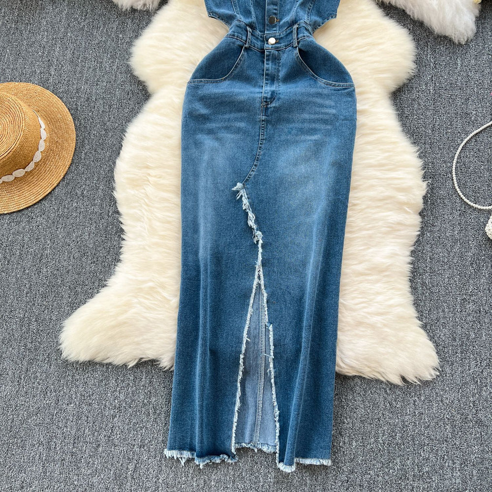 Chic hong kong style retro denim dress - designer raw hem slit slim fit midi slip dress - women's summer fashion